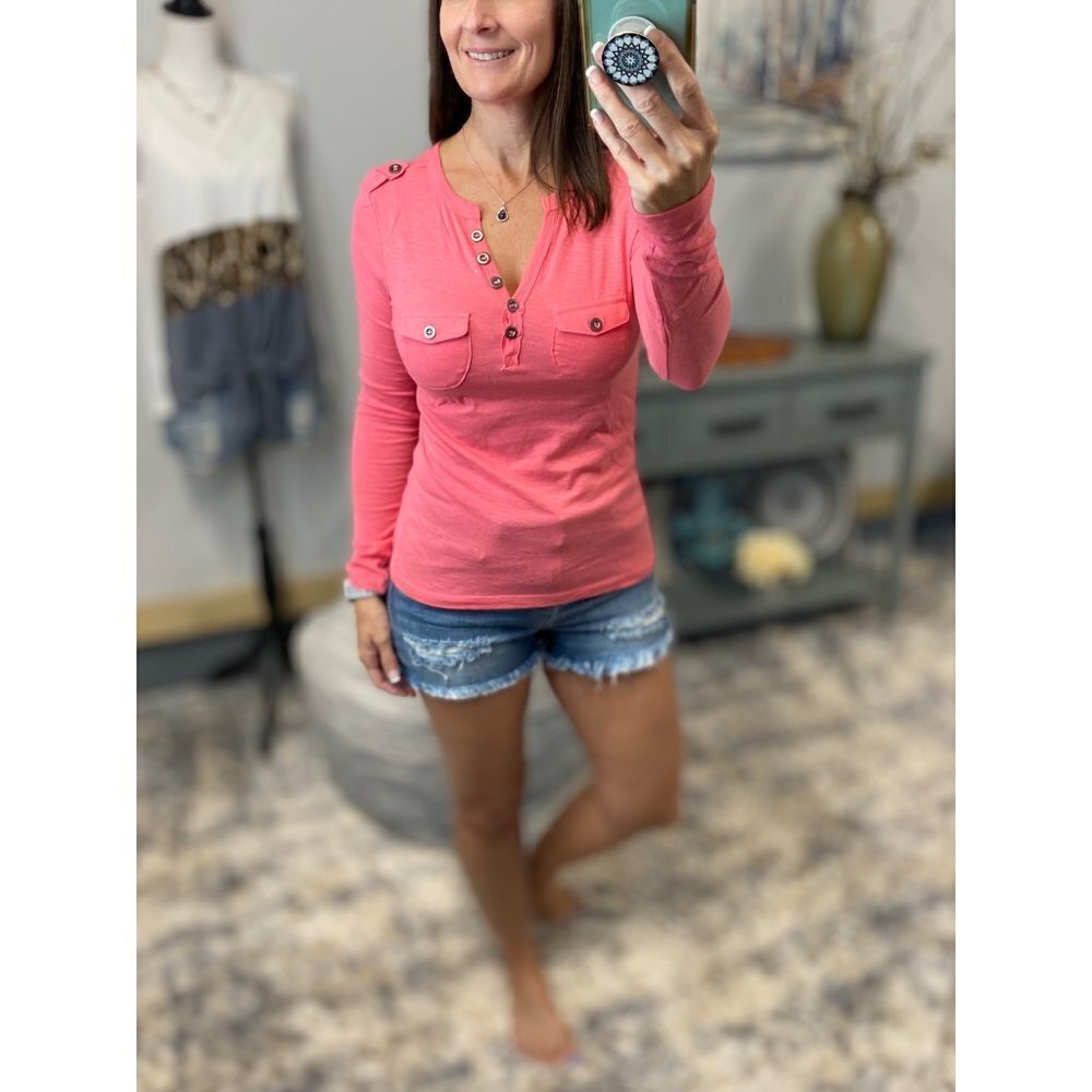 ❤️‍🔥Melange Henley Military Style Tab Shoulders Long Sleeve Coral 1717